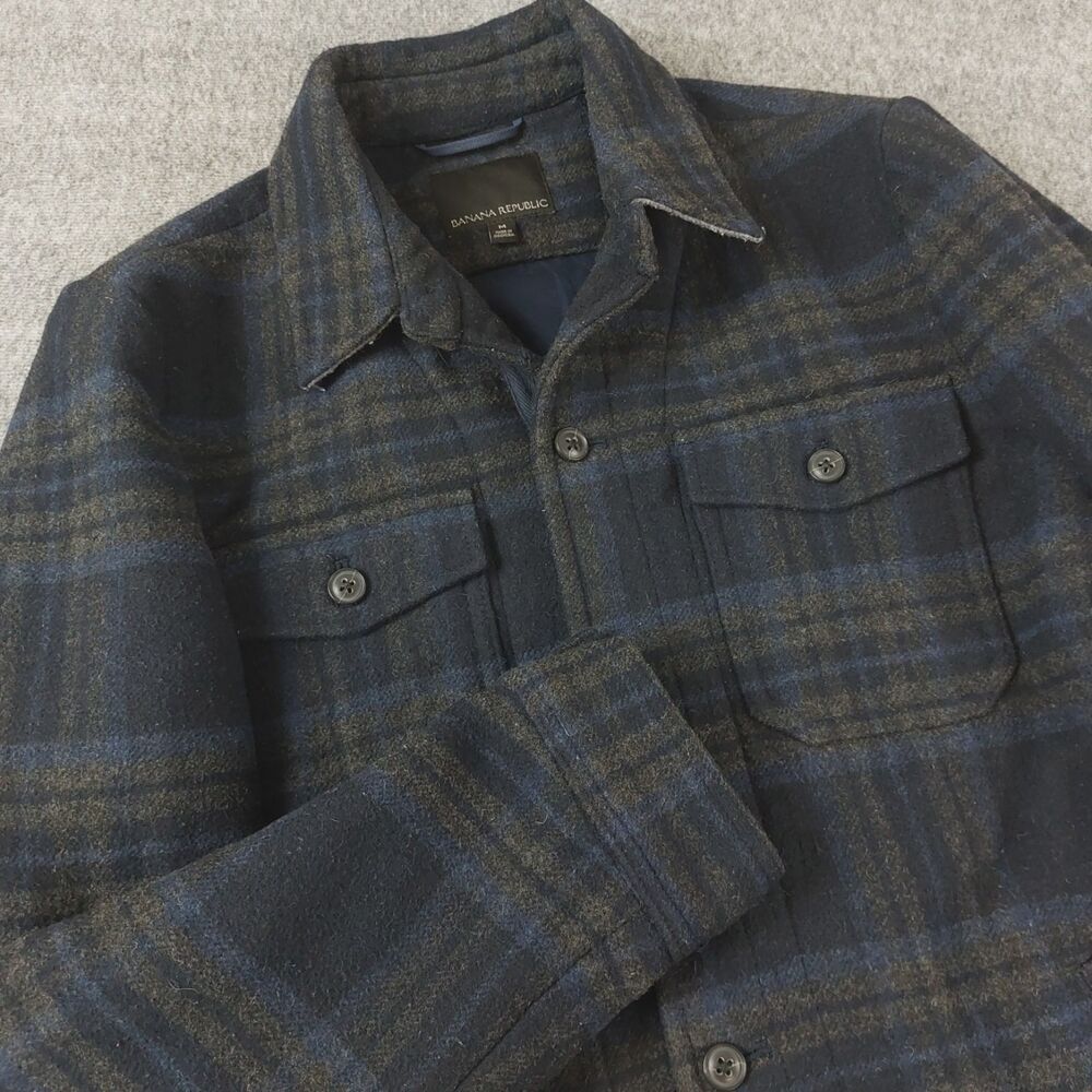 Banana Republic Wool Blend Shirt Jacket Men's Med Navy Plaid Pockets Lined
